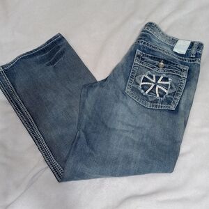 Helix Jeans Men 36x30 Blue Bootcut Relaxed Cross Pockets Denim Distressed Stitch